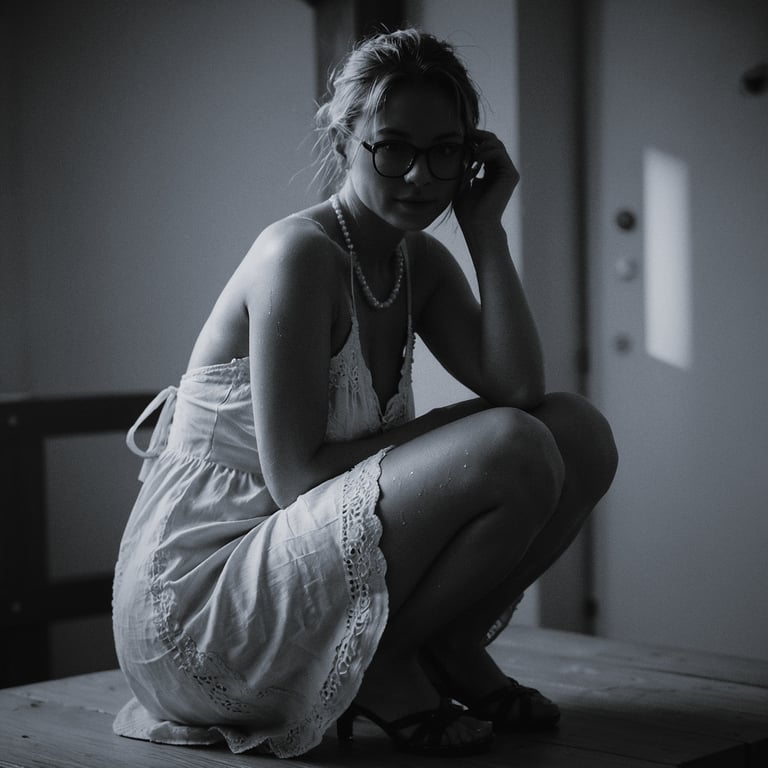 a woman in a dress sitting on a table