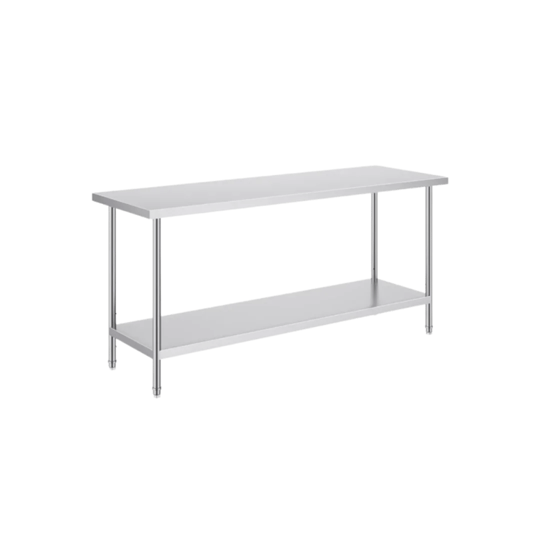 Large stainless steel bench with a long work surface, bottom shelf, and adjustable feet.