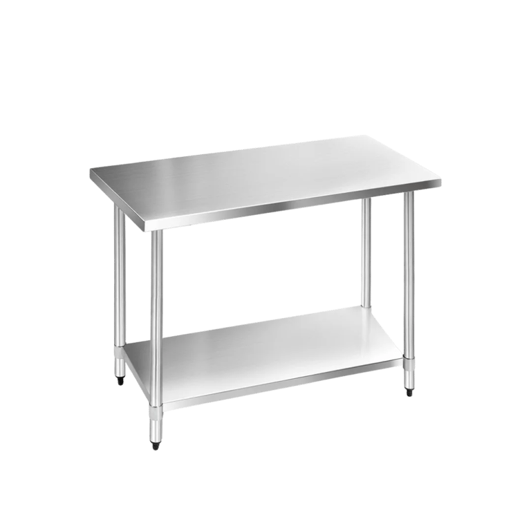 Medium stainless steel bench for kitchen prep with a storage shelf and adjustable feet.