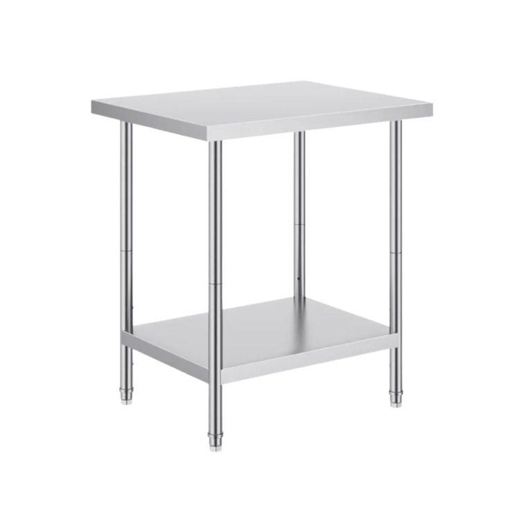 Small stainless steel bench featuring a solid bottom shelf and adjustable bullet feet.