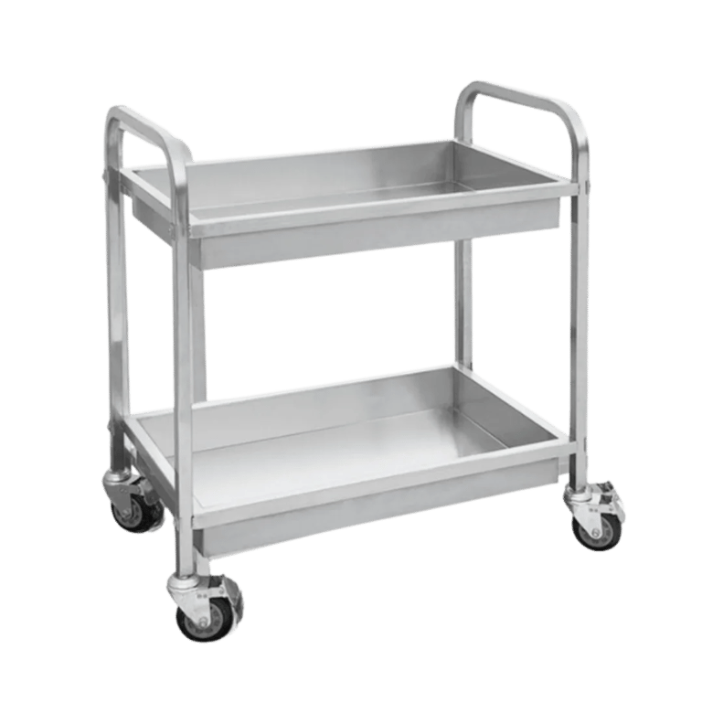 A two-tier stainless steel trolley with deep lipped shelves and heavy-duty swivel wheels.