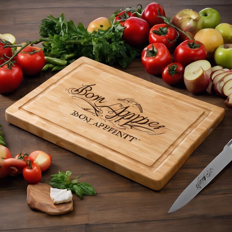 a wooden cutting board with a wine glass and a bottle of wine