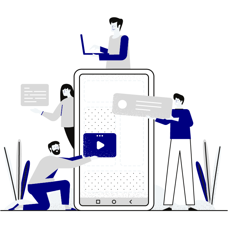 a group of people standing around a phone building an app with blocks
