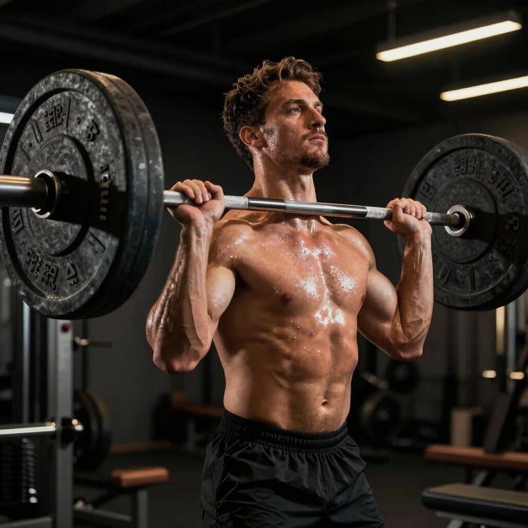 Professional athlete lifting weights in a moody, deep black gym, skin glistening under rich gold spotlights.