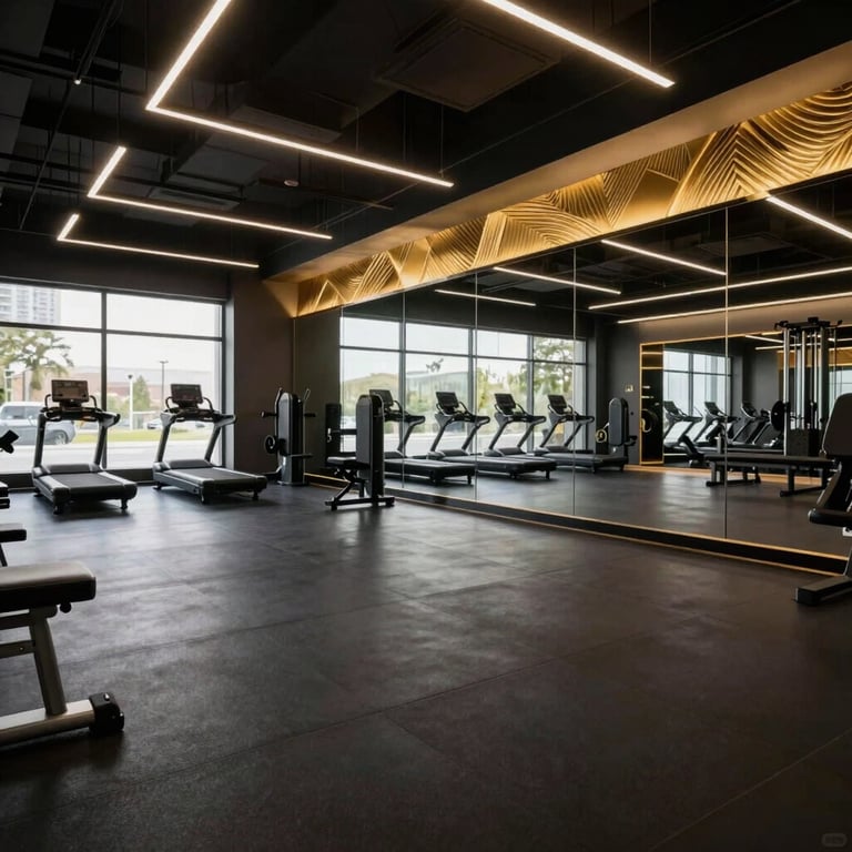 A wide shot of a sleek, modern fitness studio with deep black floors, glass walls, and rich gold decorative accents.