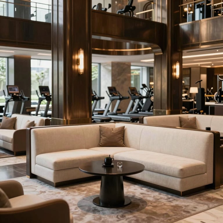 A luxury gym lounge area with soft cream seating and dark bronze architectural details, high-end hotel vibe.