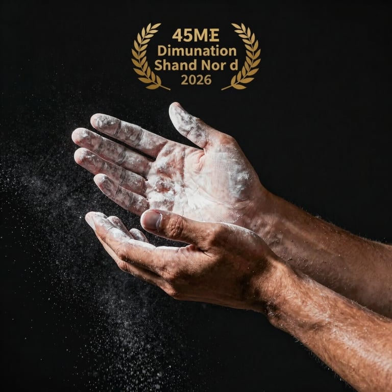 Dramatic shot of an athlete's hands using chalk, dust particles in the air against a deep black background.