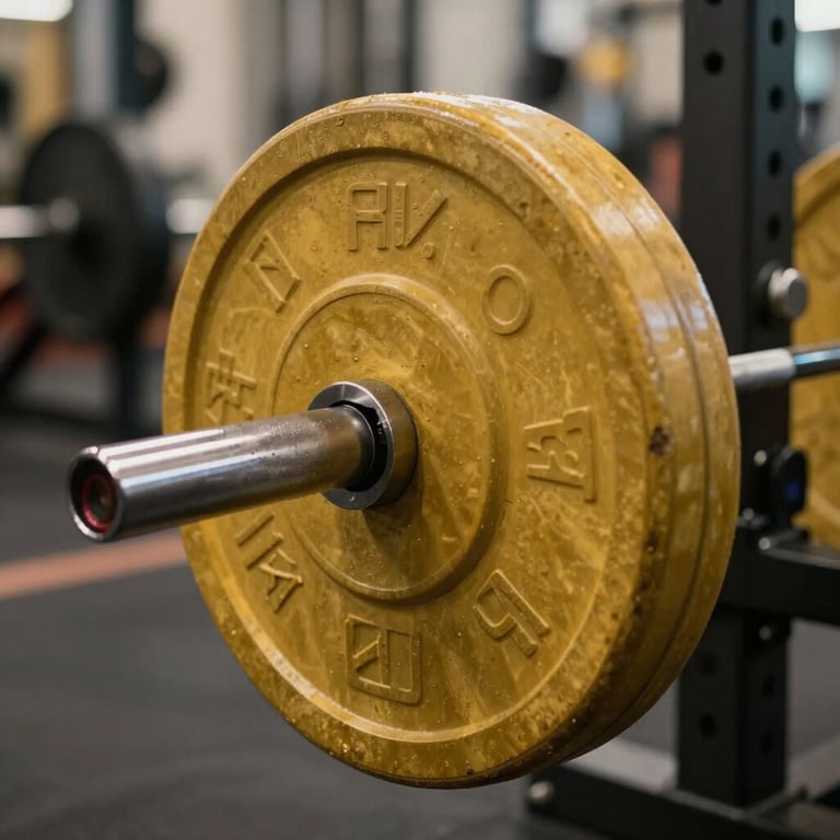 Close-up of a barbell with rich gold-colored plates in a high-performance training zone, sharp focus.