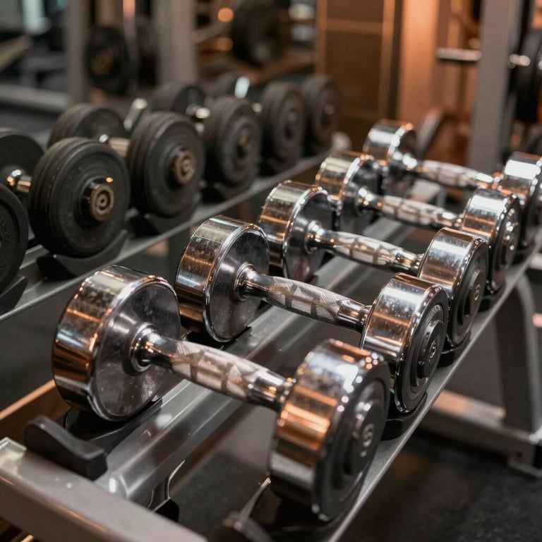 Row of high-end chrome and deep black dumbbells on a rack in a sophisticated gym interior with warm bronze highlights.
