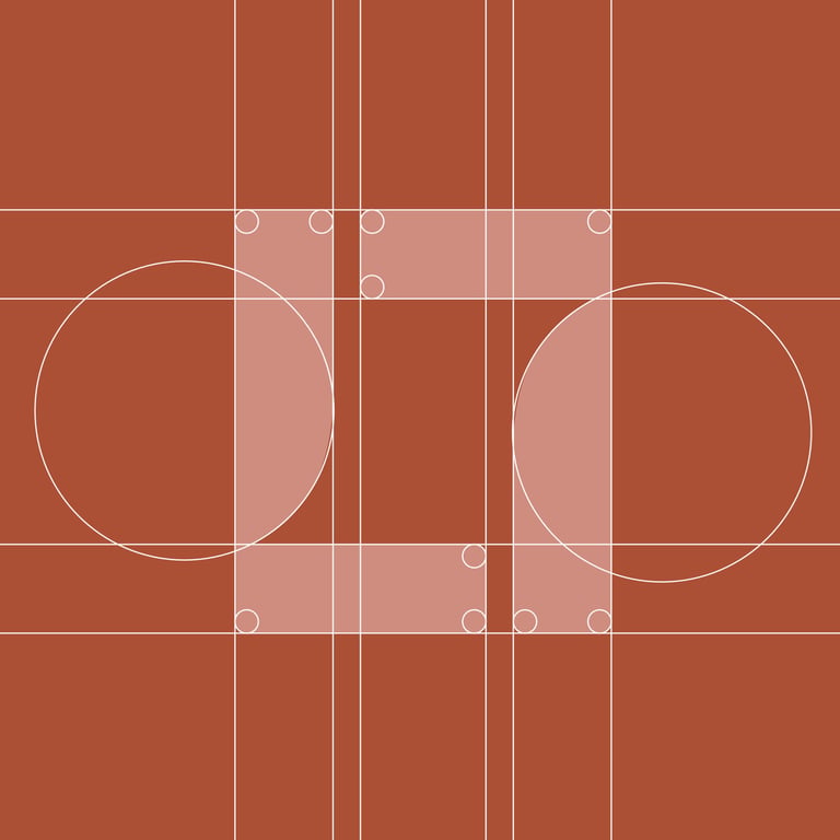 Logo abstrait avec des cercles blancs et des grilles linéaires sur un fond orange brûlé