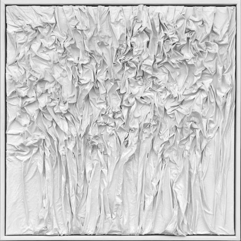 White monochrome 3D textured canvas wall art with draped and pleated fabric folds.