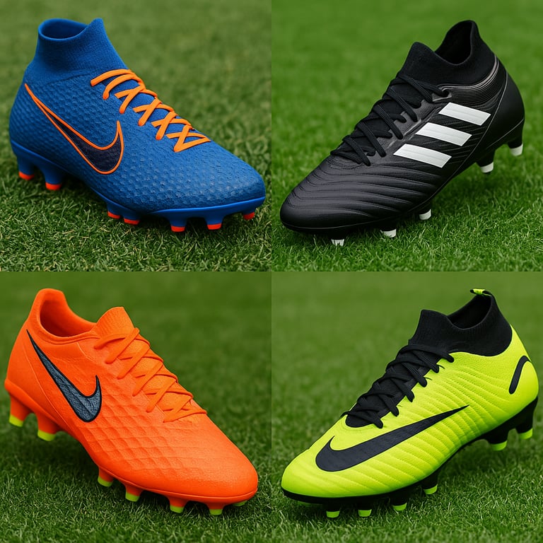 Collage of four colorful football shoes on green grass, including blue, black, orange, and neon yell