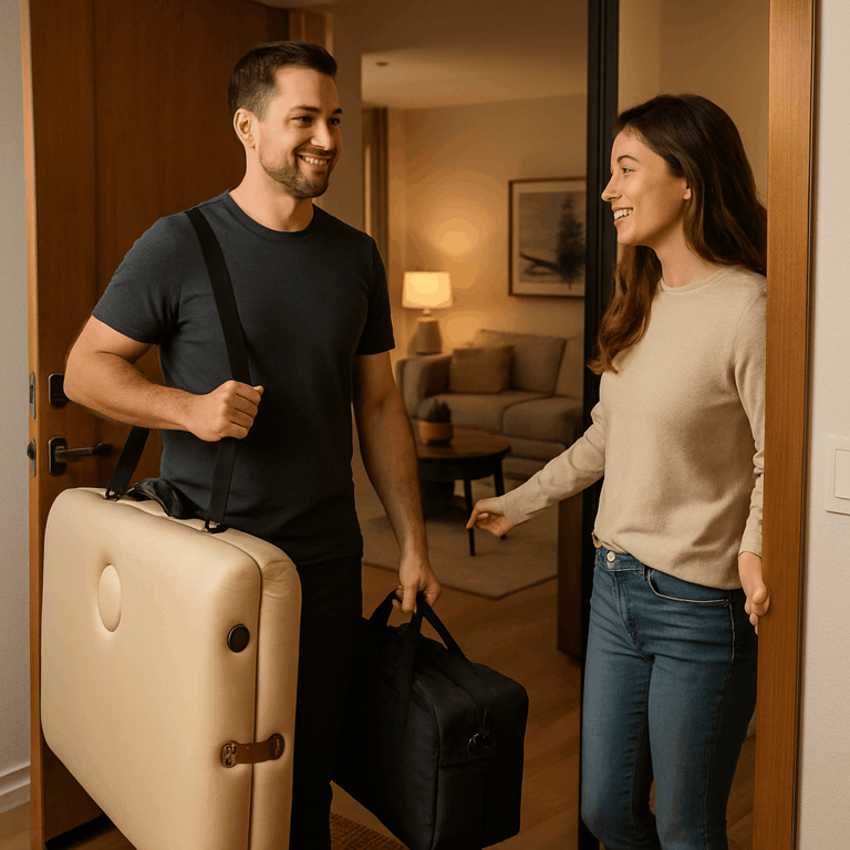 Mobile massage therapist arriving at home with portable massage table