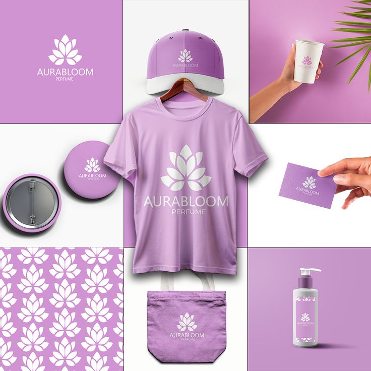 Aurabloom Perfume brand identity mockup featuring purple lotus logos on a t-shirt, cap, and packaging.