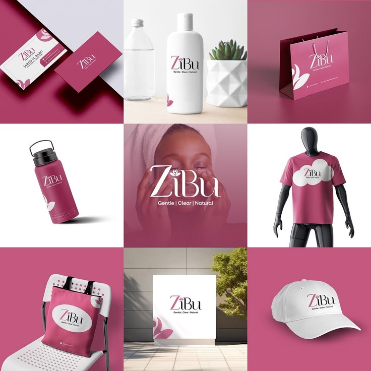 ZiBu skincare branding mockup featuring logos on product bottles, bags, apparel, and business cards.