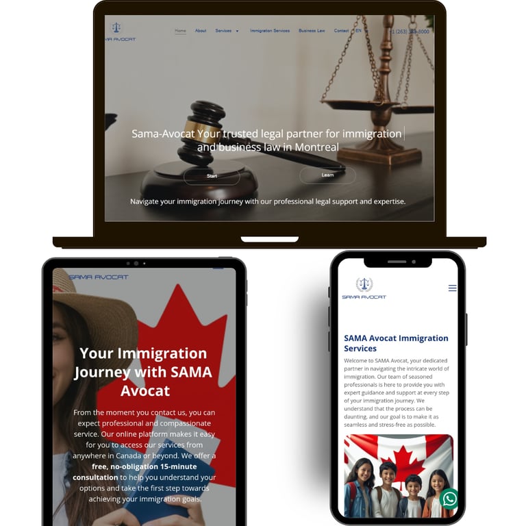 SAMA Avocat website interface for immigration and business law services in Montreal displayed on laptop and mobile devices.