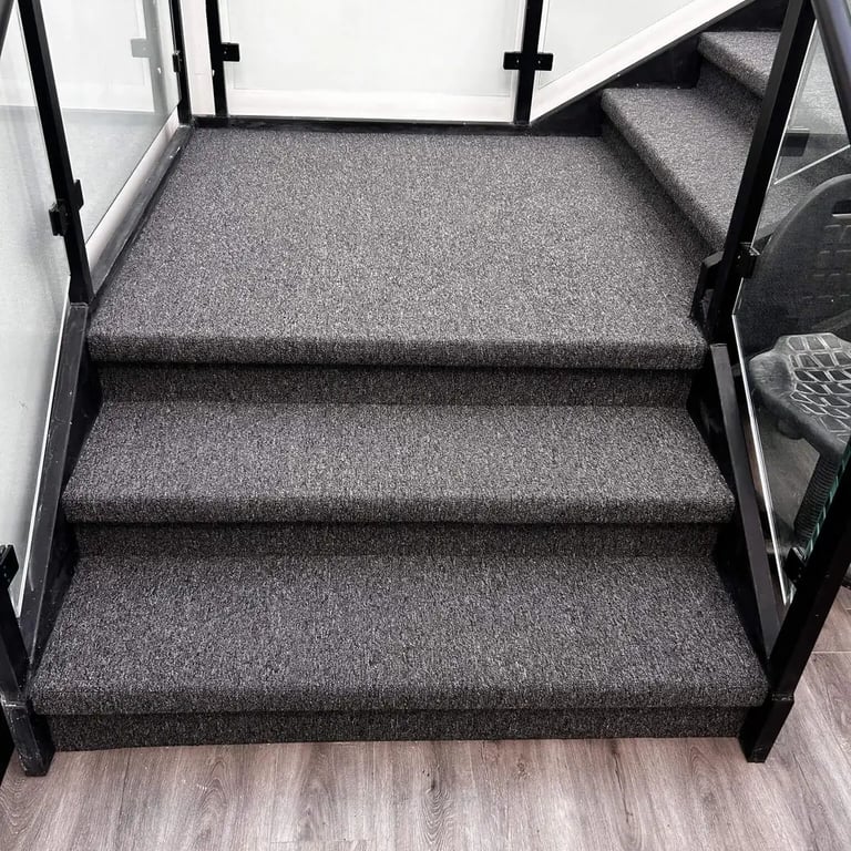 Academy commercial carpet installed on concrete stairs in London Ontario, durable and slip-resistant floor.
