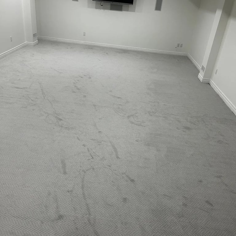 Light grey arrow pattern carpet installed wall-to-wall in basement living room in Byron London Ontario home