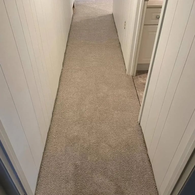 Basement hallway carpet installation in London, Ontario featuring Serenity Light Sand — a soft, durable plush carpet