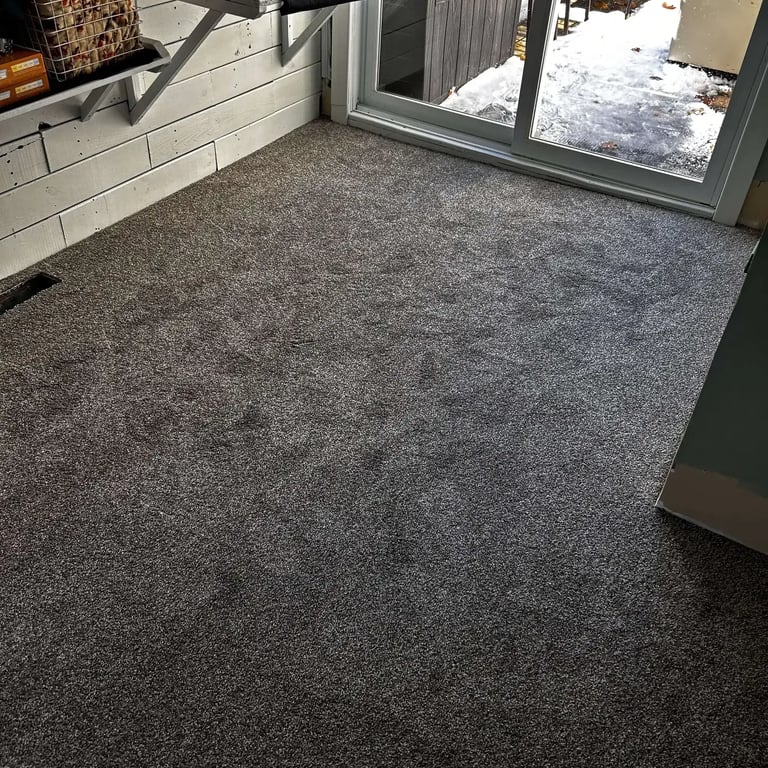 Serenity Pathway carpet installed in a St. Thomas, Ontario playroom — a soft, medium-pile taupe carpet!