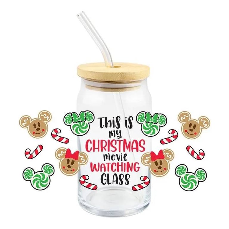 Christmas Themed Soda Glass with UV Print and Straws