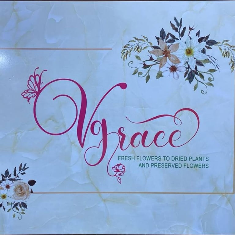 VGrace floral shop sign with marble background, offering fresh to preserved flowers.