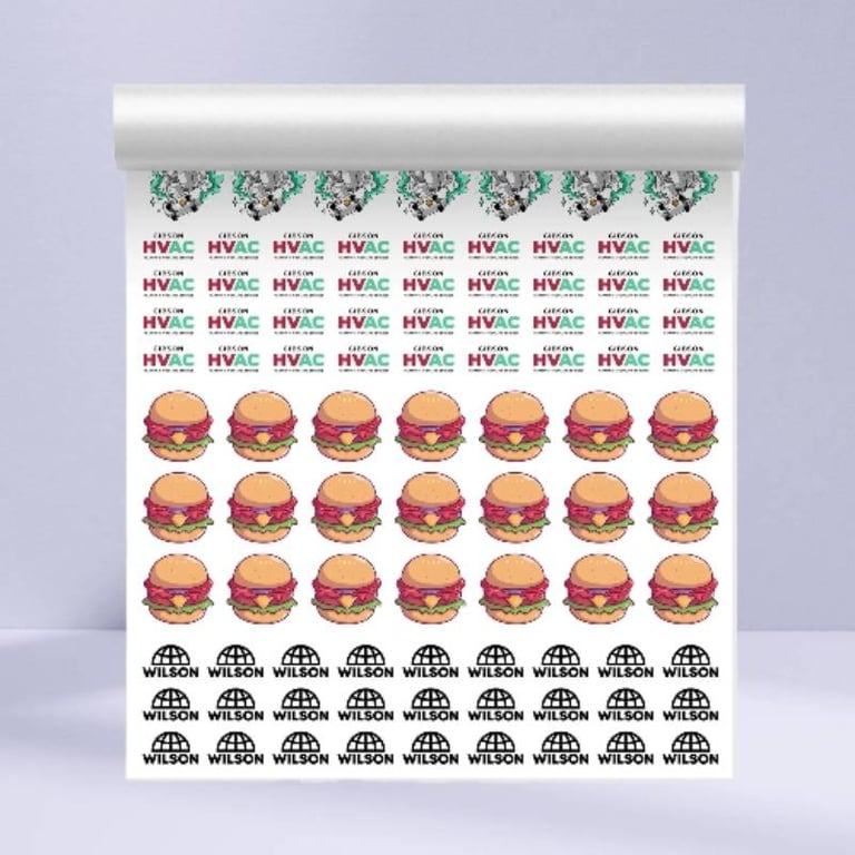 Roll of UV DTF printed stickers featuring burgers and brand logos.