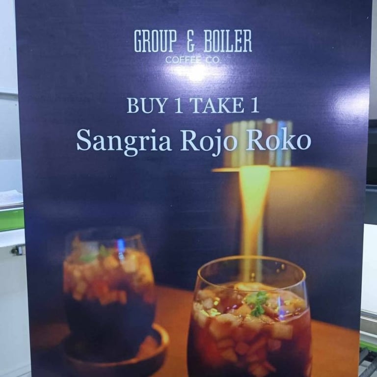 Promo Sintra board for Group & Boiler's Sangria Rojo Roko, Buy 1 Take 1, Feb 2024.