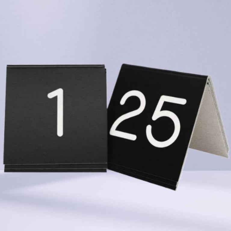 black Acrylic Table Tent with a number 1 -25 with white fonts