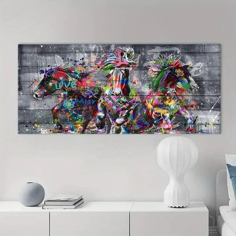 Colorful abstract horse artwork printed in large format.