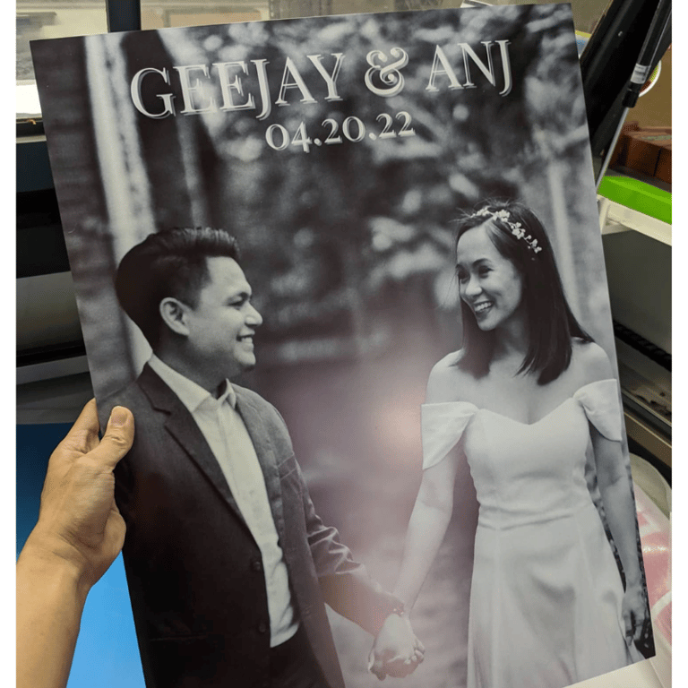 Custom wedding sticker on sintra board with couple's photo.