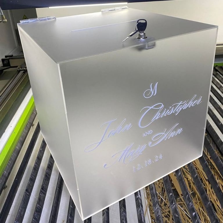 Frosted Acrylic Wedding Box with elegant silver script for 'John Christopher & Mary Ann, 12.18.24', 
