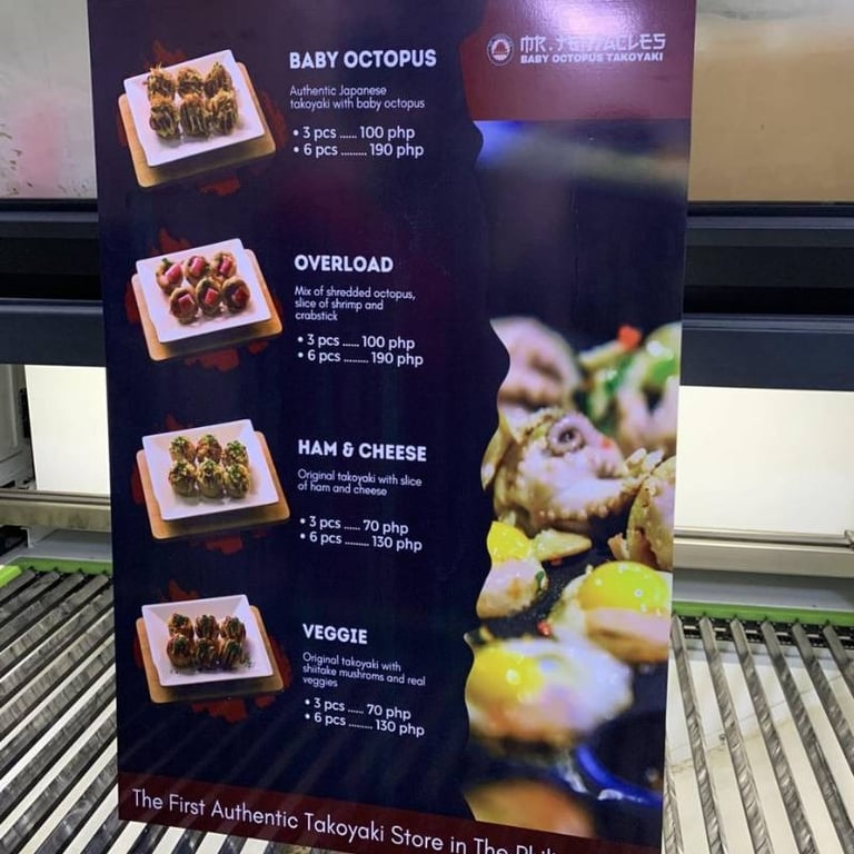 Mr. Tentacles menu Sintra board, authentic Takoyaki varieties, first in Philippines.