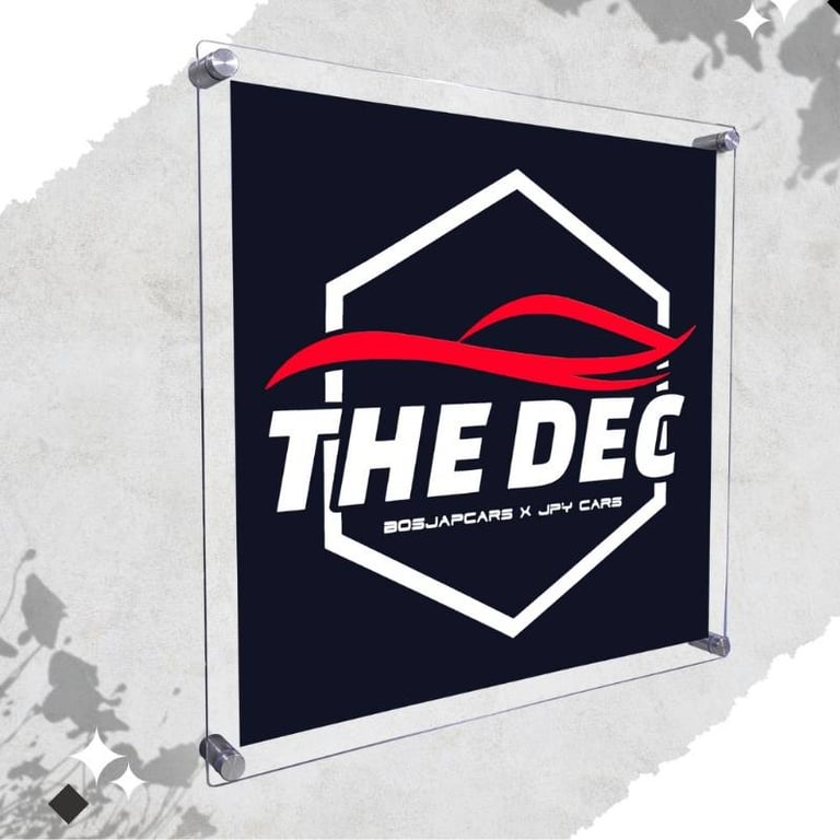 Acrylic Sign Frame with 'The Dec' Automotive Logo in Red & White