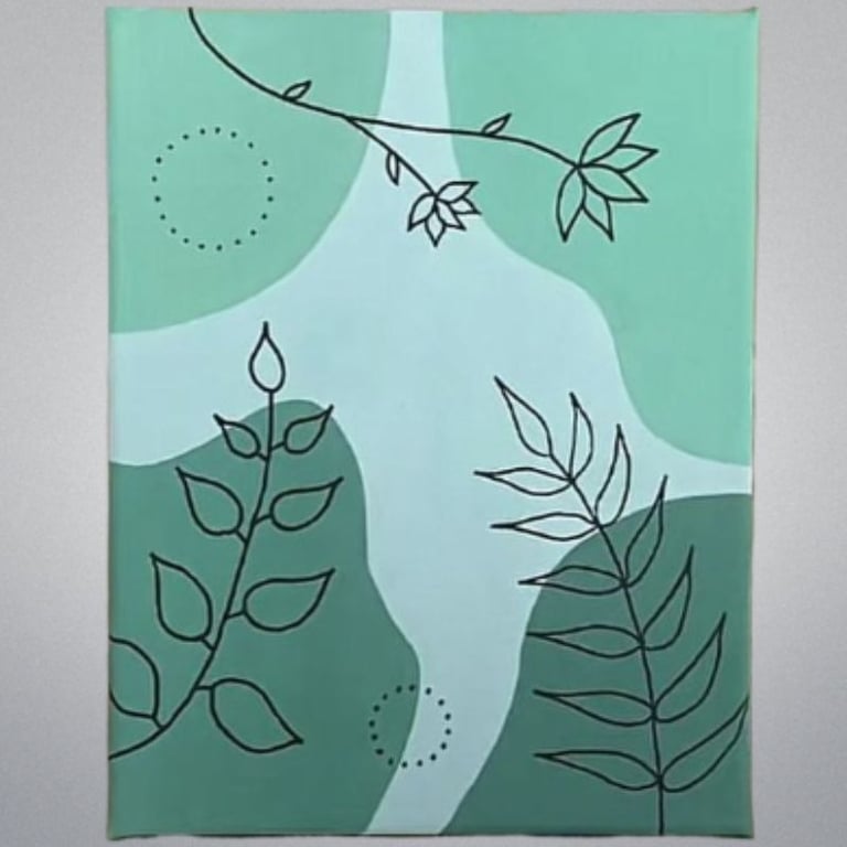 Green botanical artwork with leaves and abstract shapes on canvas.