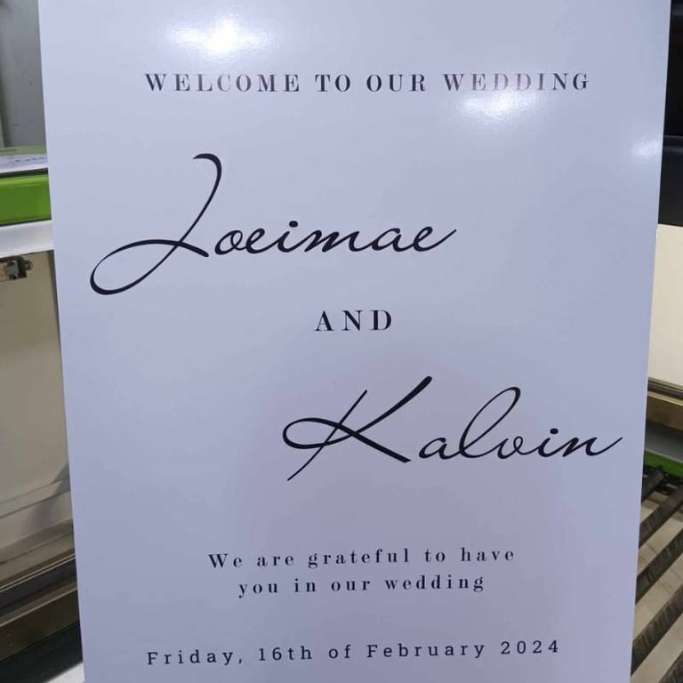 Custom Sintra board for Jocimae & Kalvin's wedding, welcoming note, February 16, 2024.