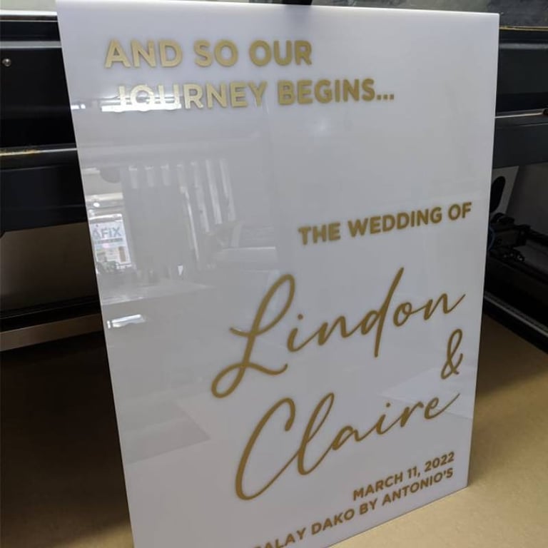 Custom White Acrylic Wedding Sign with Gold Lettering - Lindon & Claire