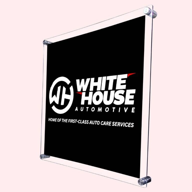 Acrylic Wall Frame with Black Background & White House Automotive Logo