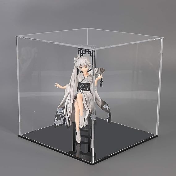 Anime figure in clear acrylic display case with black base.