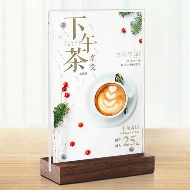 Stylish T-type acrylic display topper with wood base showcasing a coffee menu.