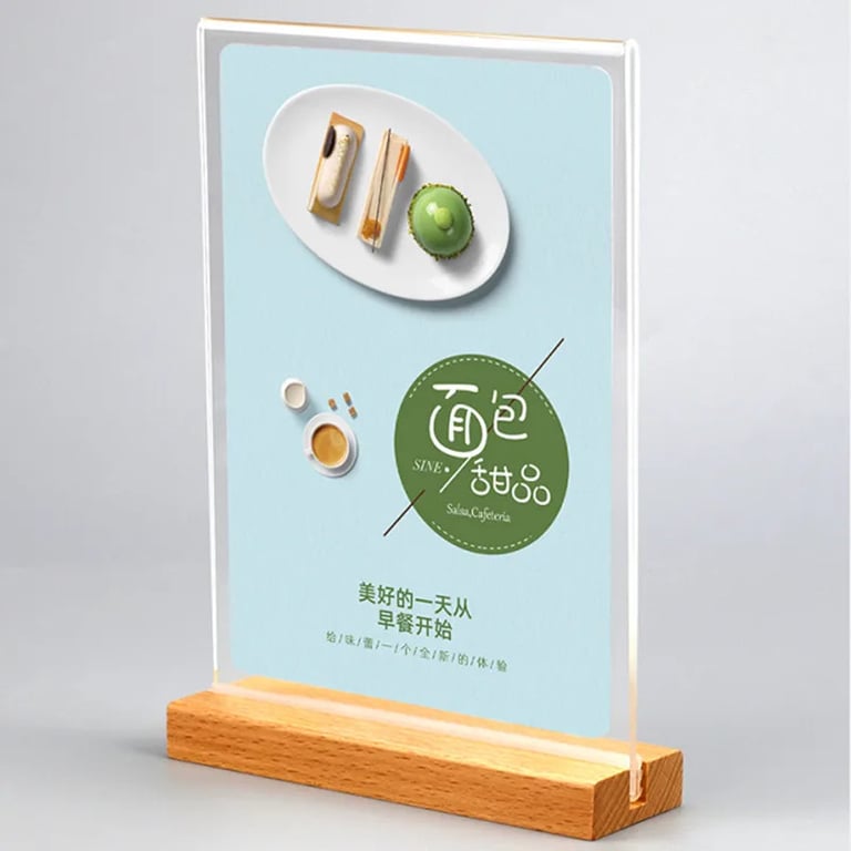 T-type acrylic sign holder with wooden stand presenting dessert options.