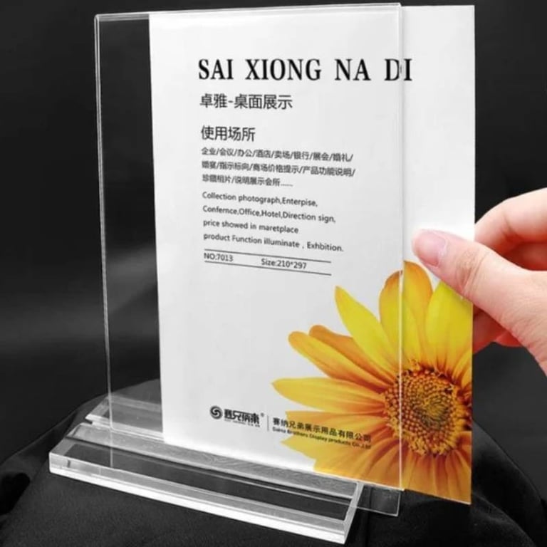 "Acrylic T-type display holder with a clear view of business information and bright floral graphic.