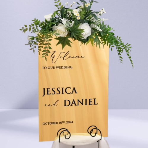 Stylish gold rectangular wedding welcome sign for Jessica & Daniel.