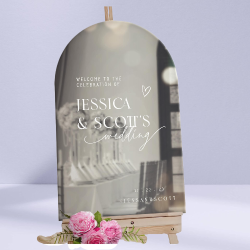 Sophisticated silver arched acrylic sign for Jessica & Scott's wedding.
