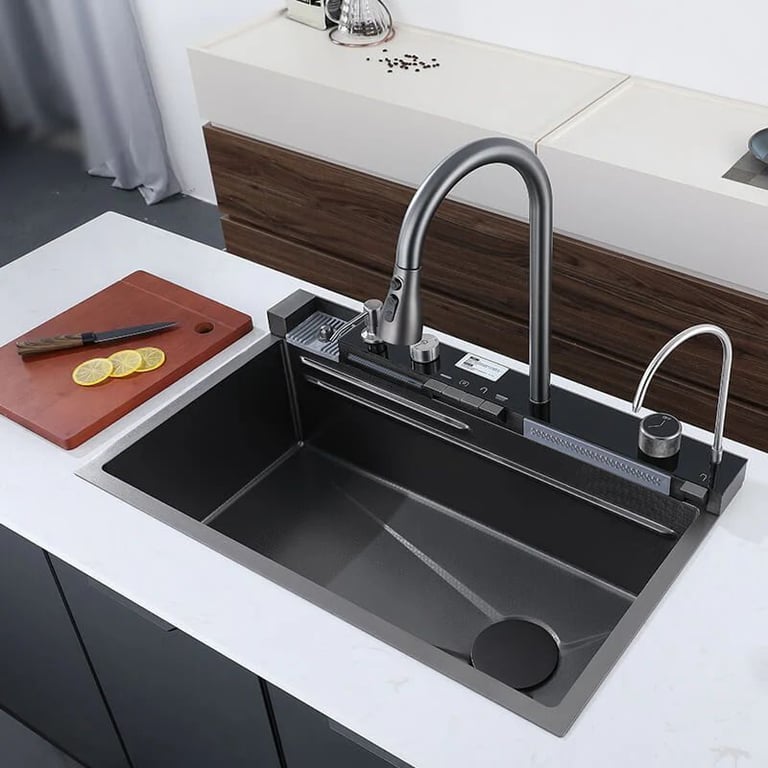 a kitchen sink and a cutting board