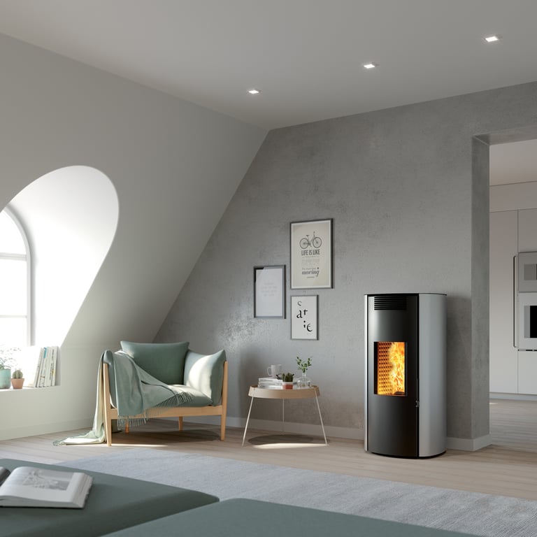 a modern looking room with a fireplace and a chair