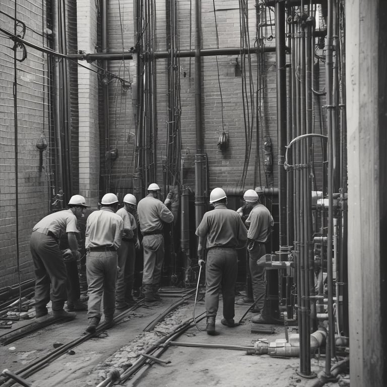 Industrial engineer in hard hat inspecting a modern manufacturing facility with overhead lighting.