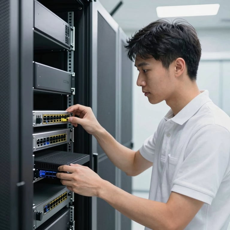 A technician in a white polo shirt configuring a network router in a clean, bright server room.