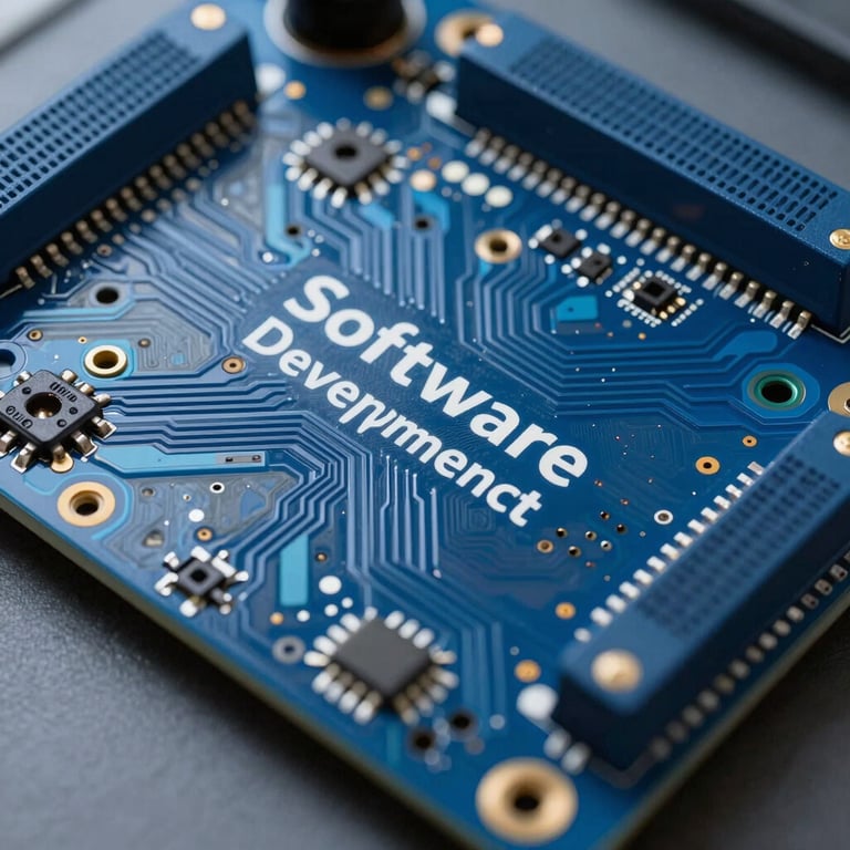 A macro shot of a modern blue circuit board representing software development excellence.