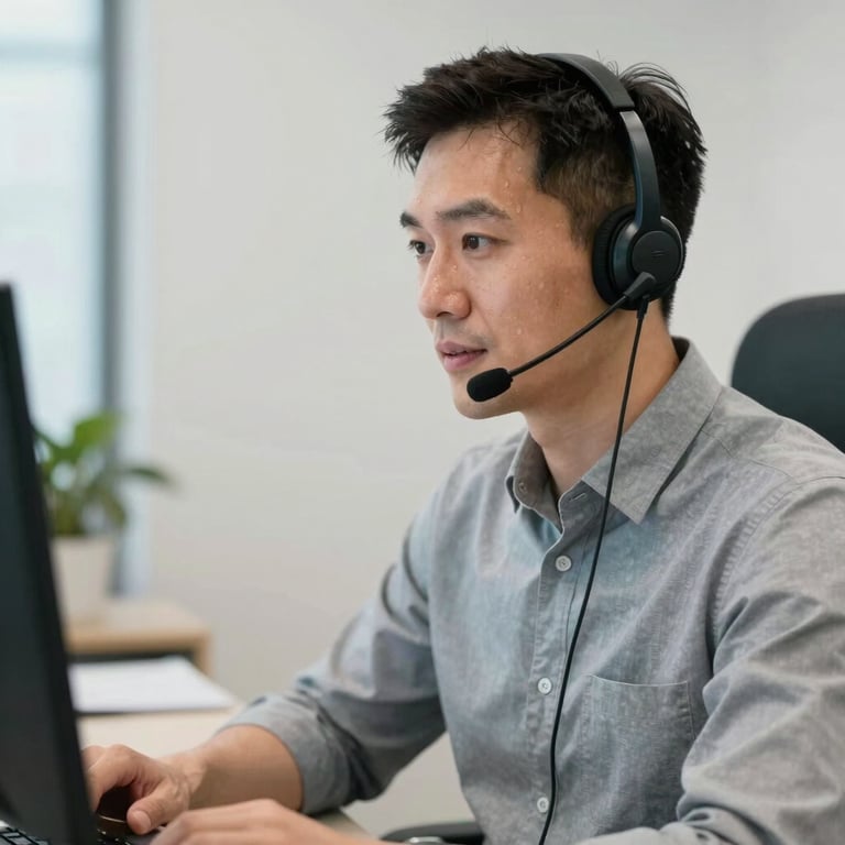 An Australian professional providing remote IT support via a headset in a clean, professional office setting.